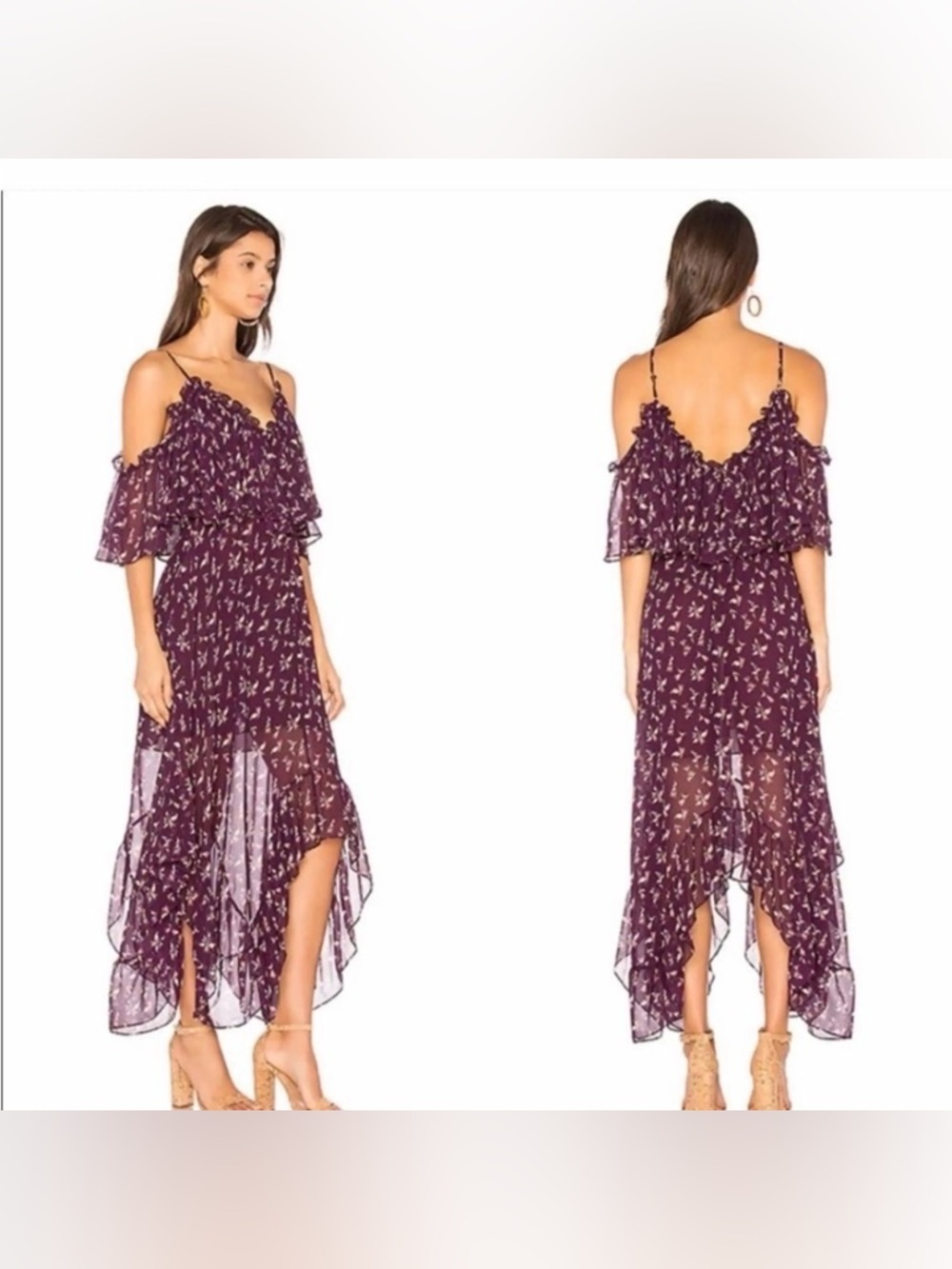 Misa Los Angeles Floral Cold-Shoulder Maxi Dress in Deep Plum size large
